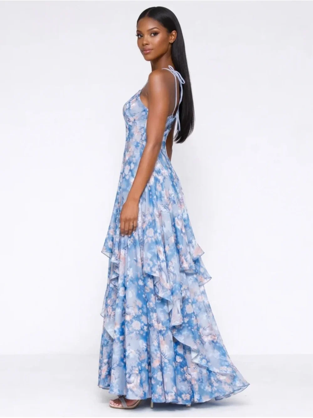 Sky Blue Floral Tiered Maxi Dress with Spaghetti Straps - Picture 3 of 5